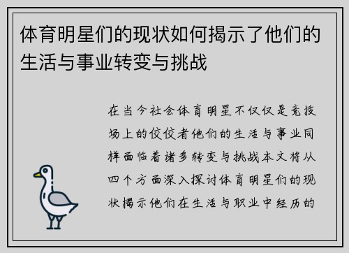 体育明星们的现状如何揭示了他们的生活与事业转变与挑战