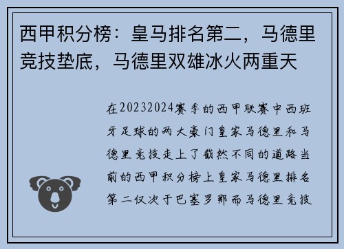 西甲积分榜：皇马排名第二，马德里竞技垫底，马德里双雄冰火两重天